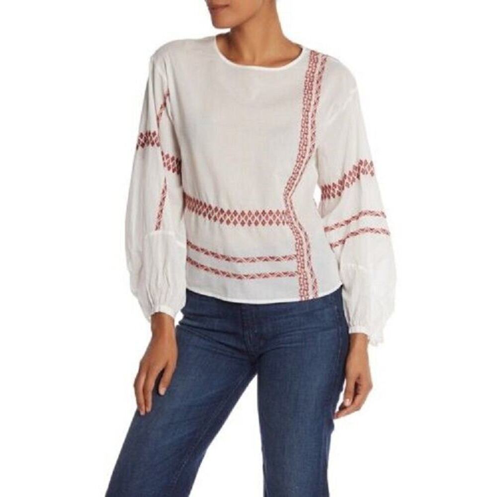 Joie White Isandro Red Embroidered Peephole Back Boho Blouse S NEW